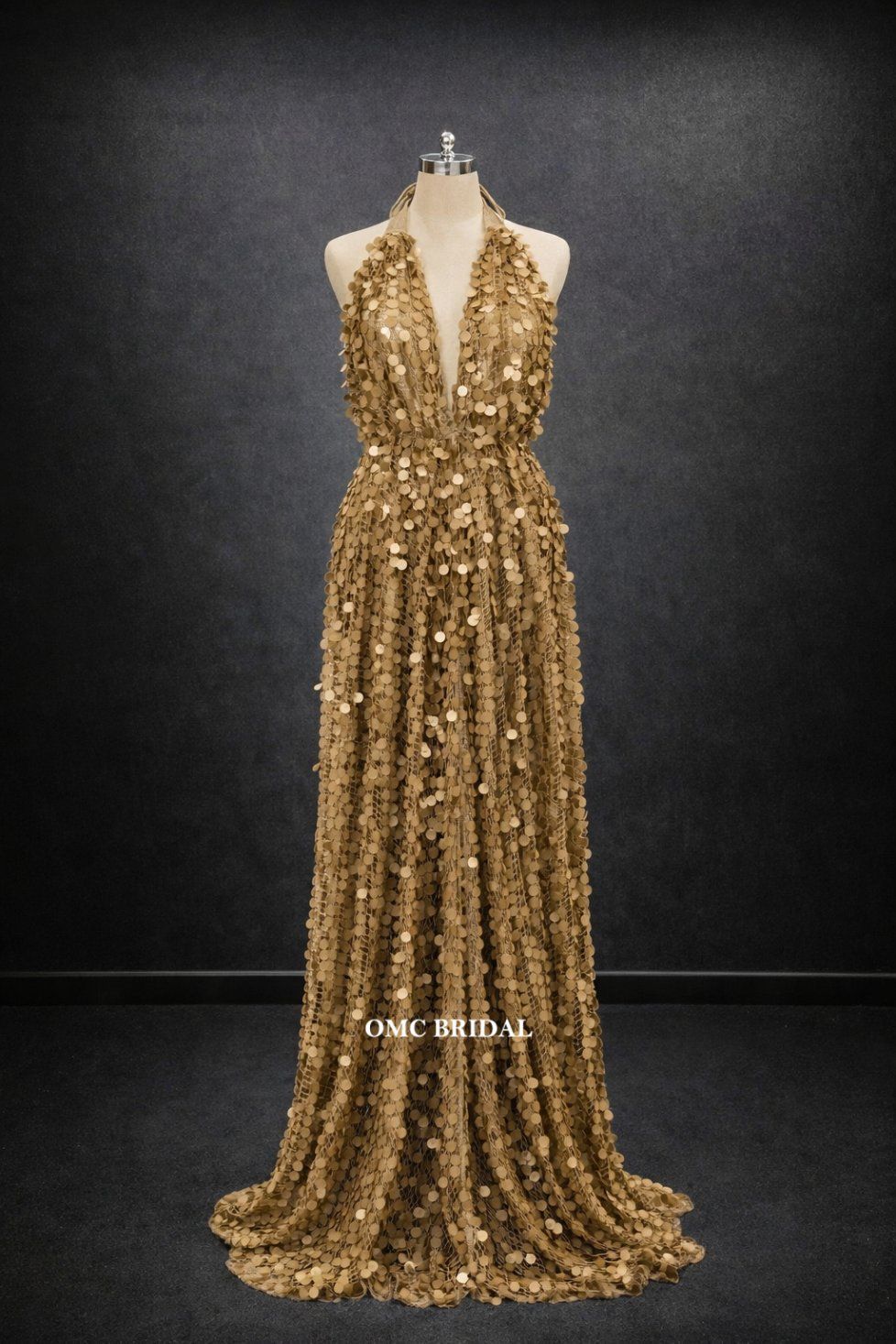 Full-length gown worked all over with gold metal discs